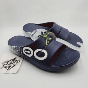 Mens Size 12 Oofos Slide Sandals Ooahh Sport Lightweight Rubber Matrix Navy 1500